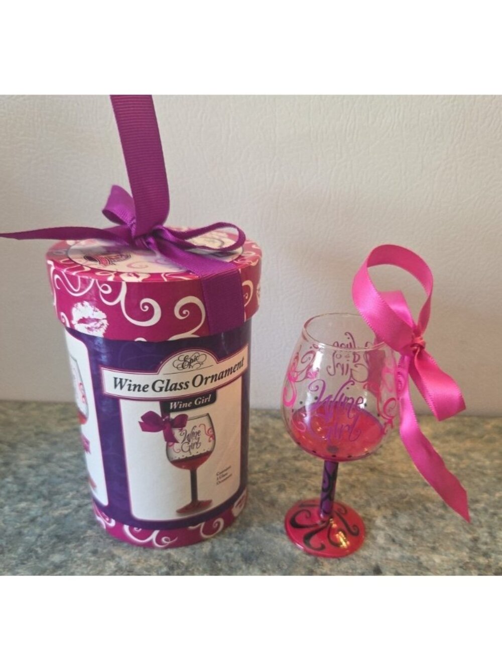 Wine Girl WINE GLASS ORNAMENT in Gift Box Hand Painted Hang or Stand Epic